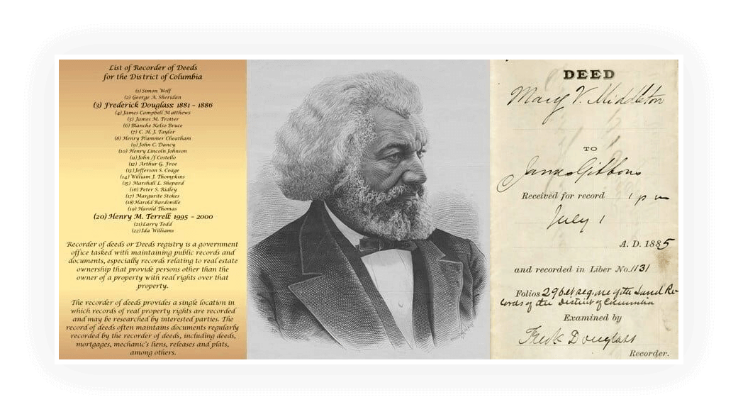 A picture of frederick douglass and some papers.